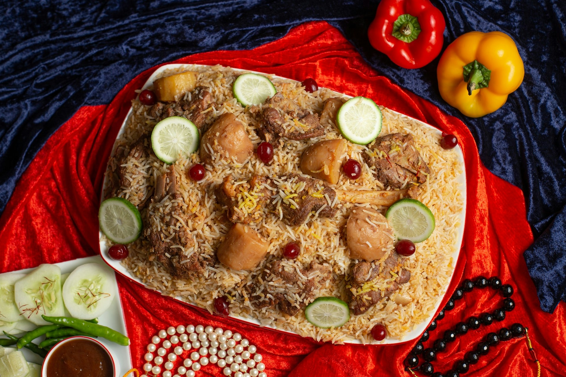 Burj Khalifa view with traditional machboos dish, Dubai in December.