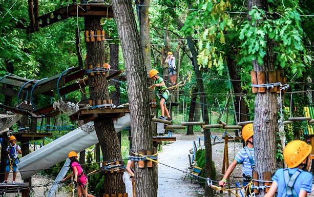 Children navigating a treetop adventure course at Paradis Land.