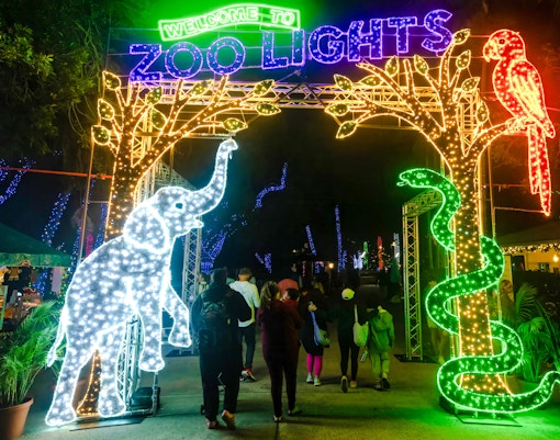 Visitors entering Zoo Miami's Zoo Lights under illuminated animal displays.