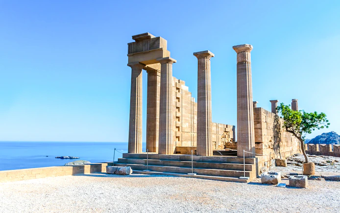 Acropolis of Lindos ruins overlooking the sea in Rhodes, Greece.
