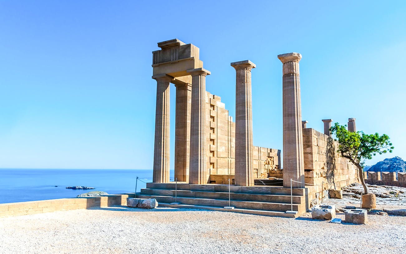 Acropolis of Lindos ruins overlooking the sea in Rhodes, Greece.