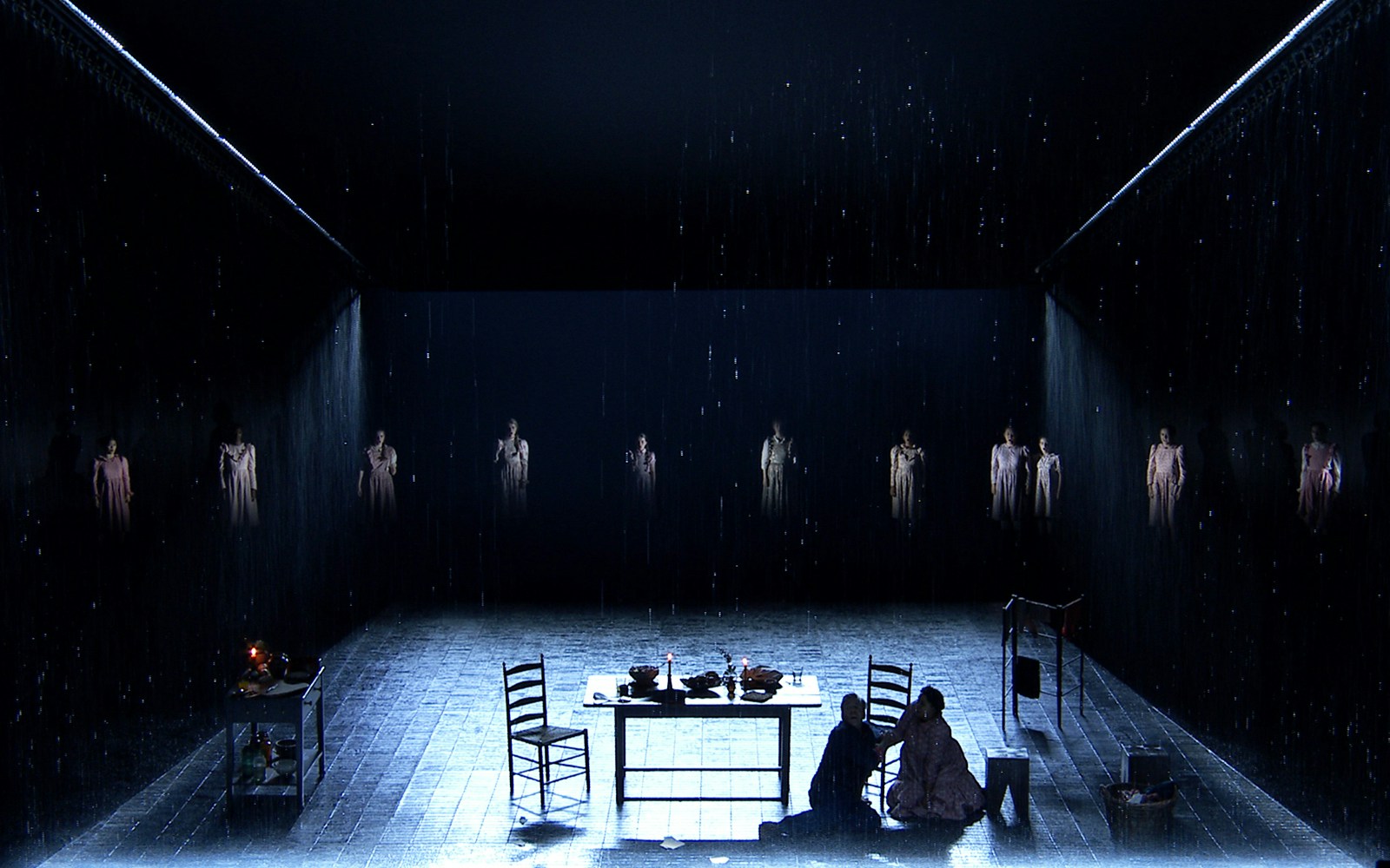 Stage scene from "The Crucible" with actors in dim lighting and rain effect.