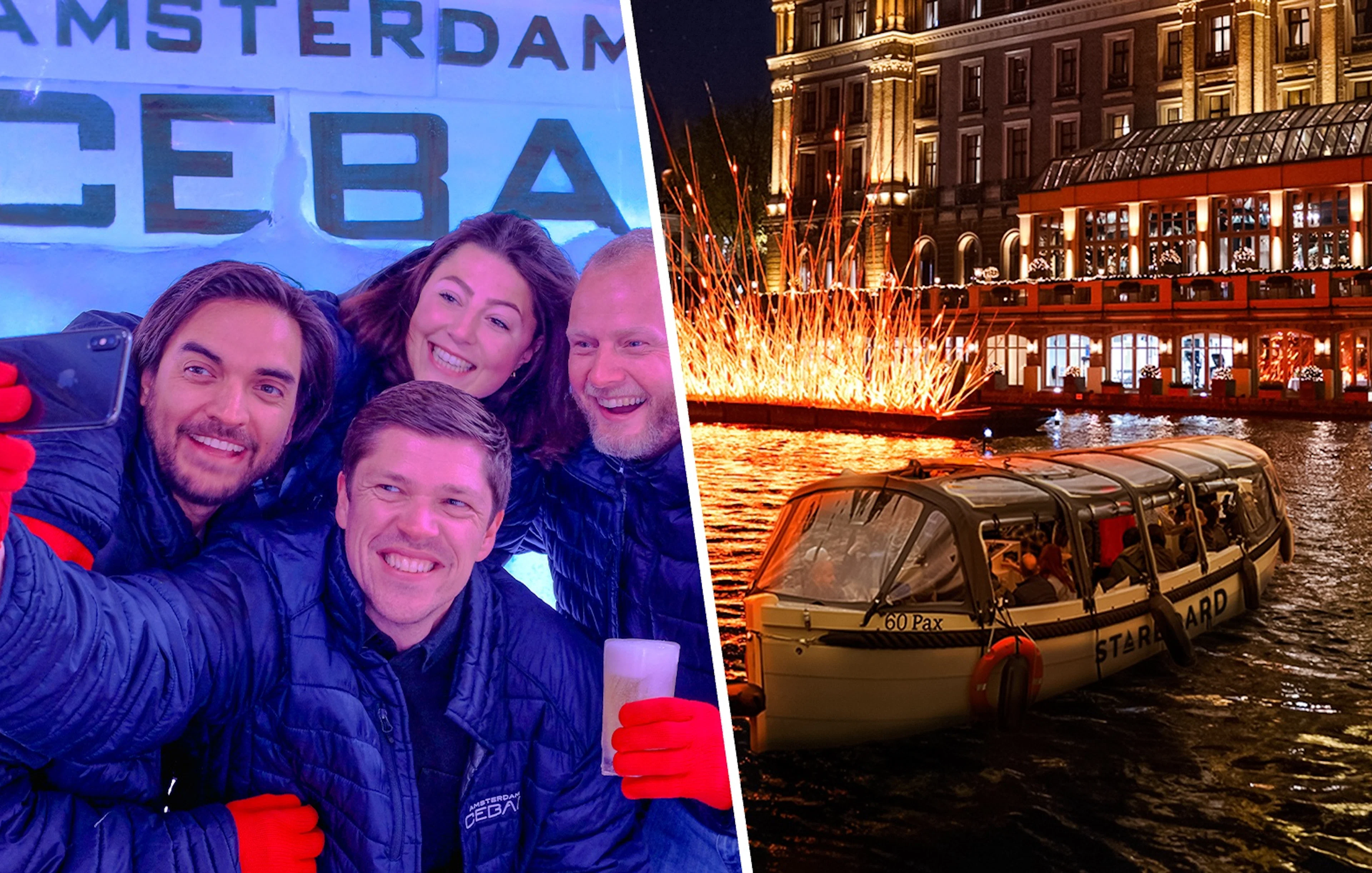 Group enjoying Xtracold Icebar in Amsterdam; canal cruise during Amsterdam Light Festival.