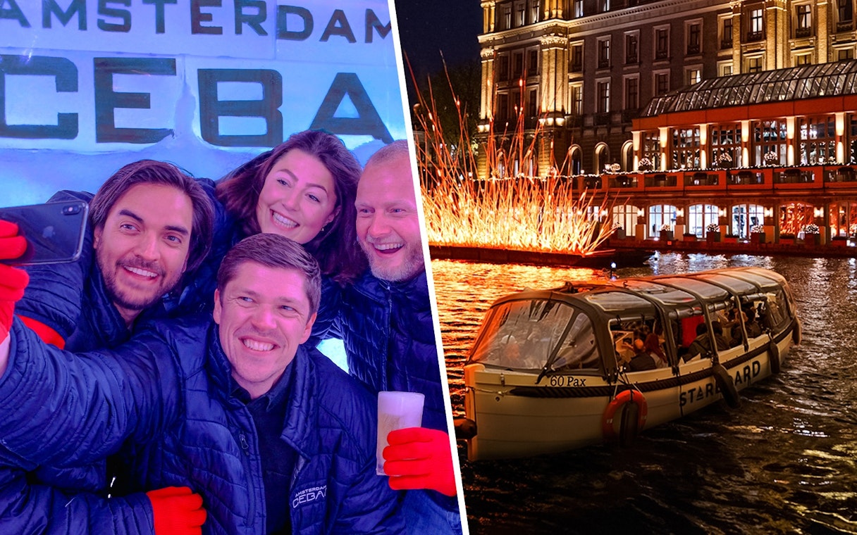 Group enjoying Xtracold Icebar in Amsterdam; canal cruise during Amsterdam Light Festival.