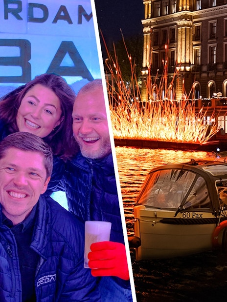 Group enjoying Xtracold Icebar in Amsterdam; canal cruise during Amsterdam Light Festival.