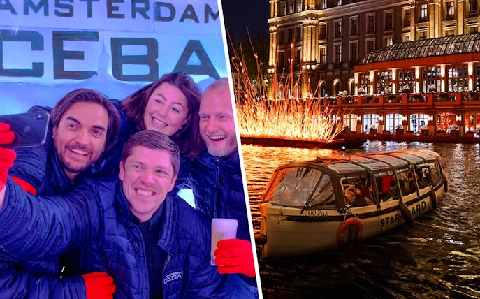Group enjoying Xtracold Icebar in Amsterdam; canal cruise during Amsterdam Light Festival.