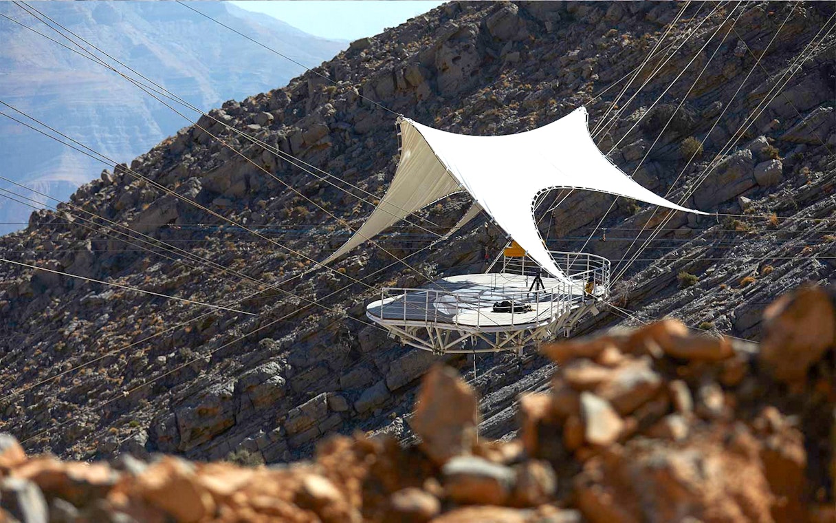 Jebel Jais Flight launch platform on rocky mountain slope in Dubai.