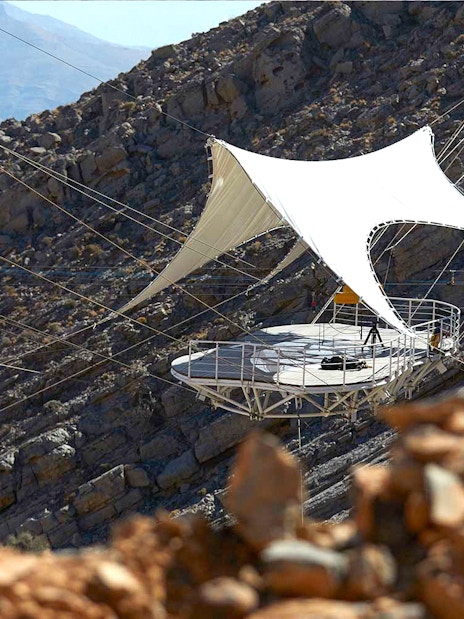 Jebel Jais Flight launch platform on rocky mountain slope in Dubai.