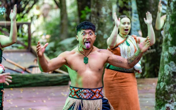 Maori performers in traditional attire during Te Pā Tū Cultural Experience, New Zealand.