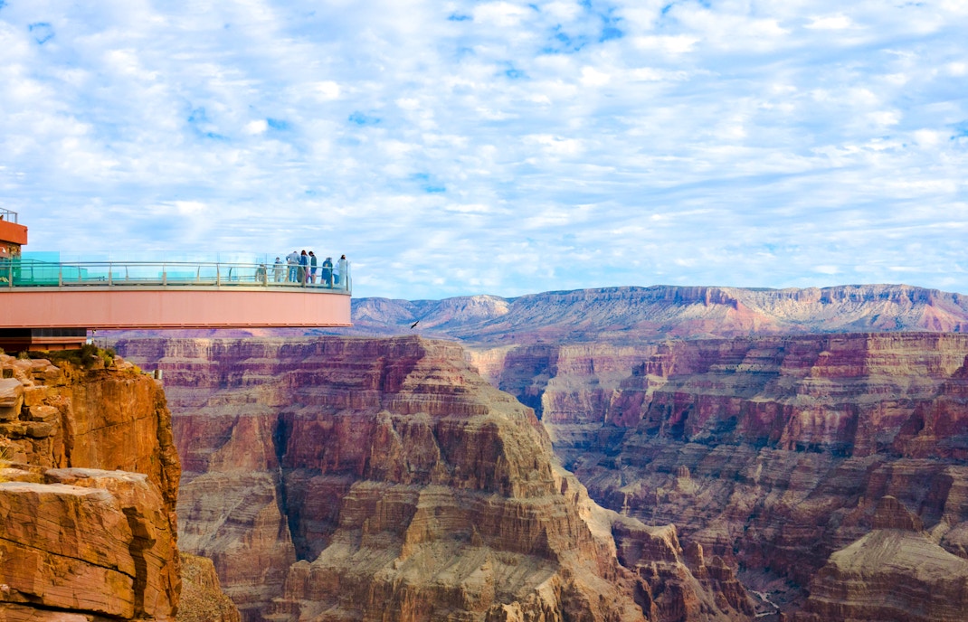 Helicopter view of Skywalk glass observation bridge at Grand Canyon West Rim.