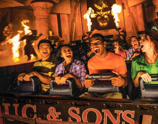 Revenge of the Mummy roller coaster at Universal Studios Hollywood with ancient Egyptian theme.