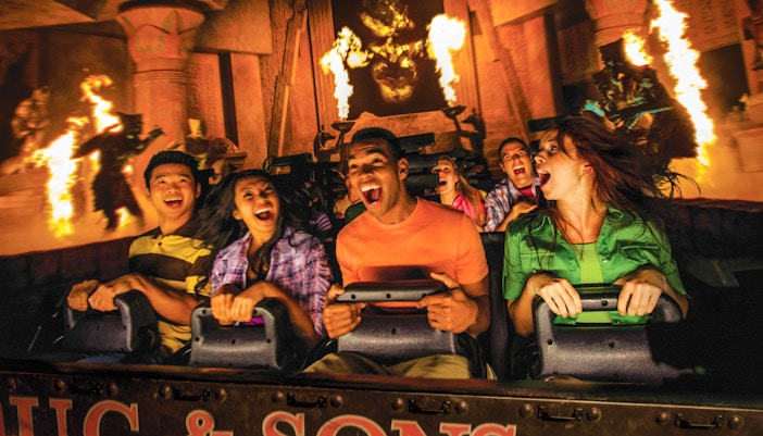 Revenge of the Mummy roller coaster at Universal Studios Hollywood with ancient Egyptian theme.