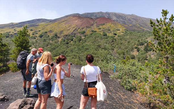 Group hiking on Mount Etna with lush greenery and volcanic landscape in view.