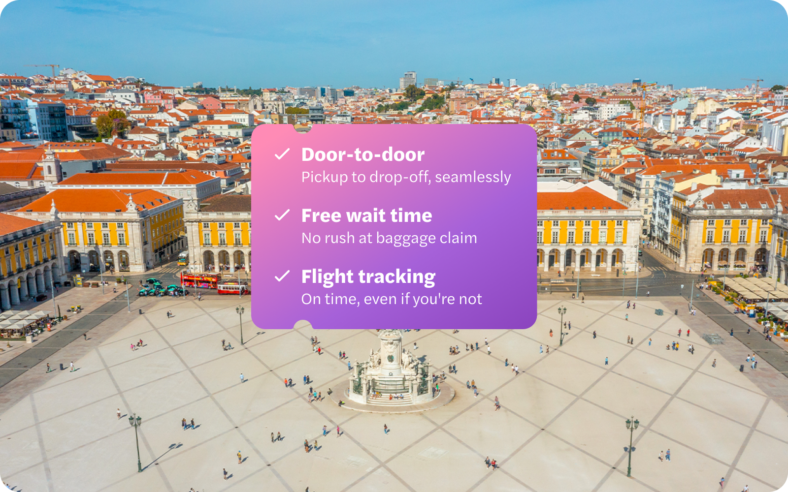 Lisbon's Praça do Comércio with Humberto Delgado Airport transfer service details.