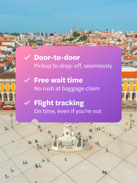 Lisbon's Praça do Comércio with Humberto Delgado Airport transfer service details.