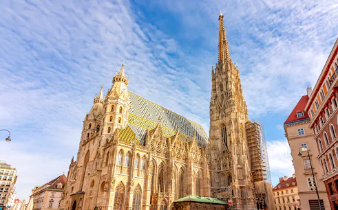 St. Stephen's Cathedral in Vienna with its colorful tiled roof and Gothic architecture.