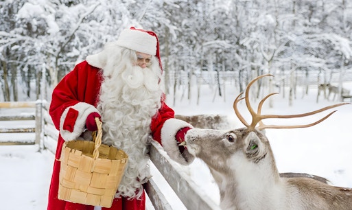 Santa Claus with reindeer in snowy Rovaniemi forest.