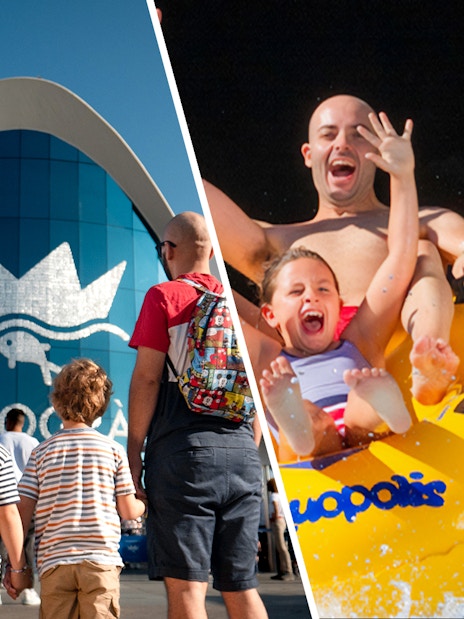 Family visiting Oceanografic Valencia and enjoying a water slide.