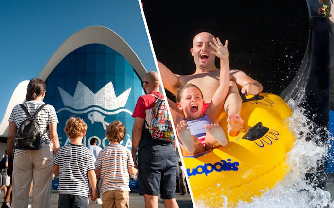 Family visiting Oceanografic Valencia and enjoying a water slide.