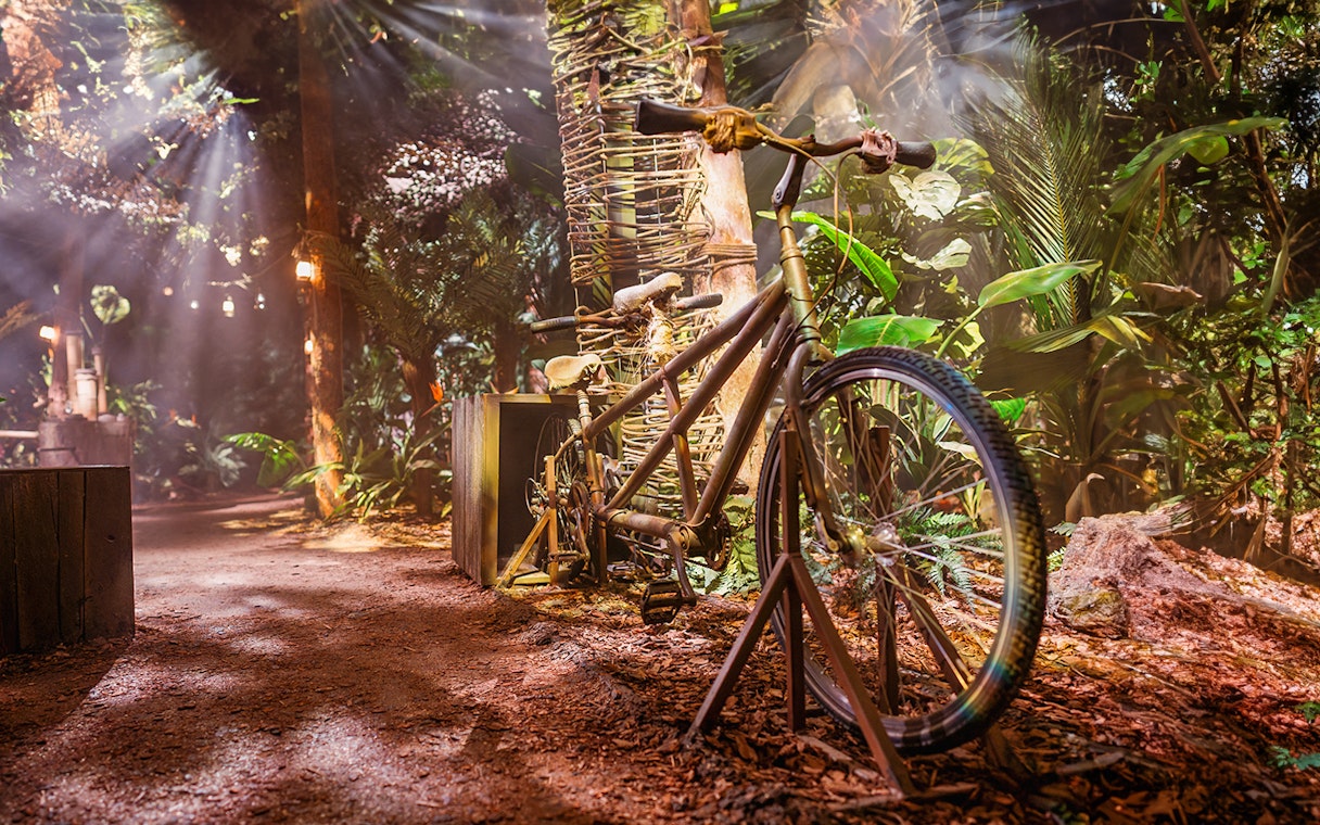 Tandem bicycle in a jungle-themed Peru setup at the Paddington Experience.