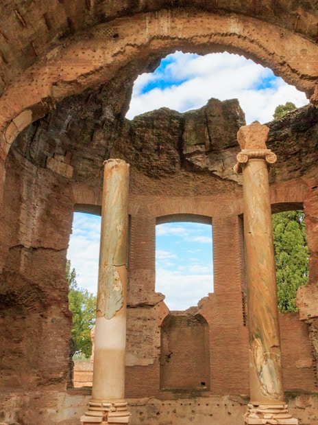 Ancient ruins with columns at Hadrian's Villa in Tivoli, Italy.