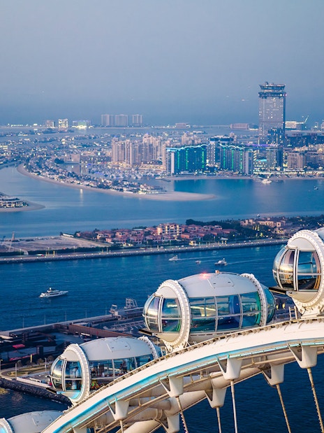 Ain Dubai pods overlooking Palm Jumeirah and Dubai skyline.