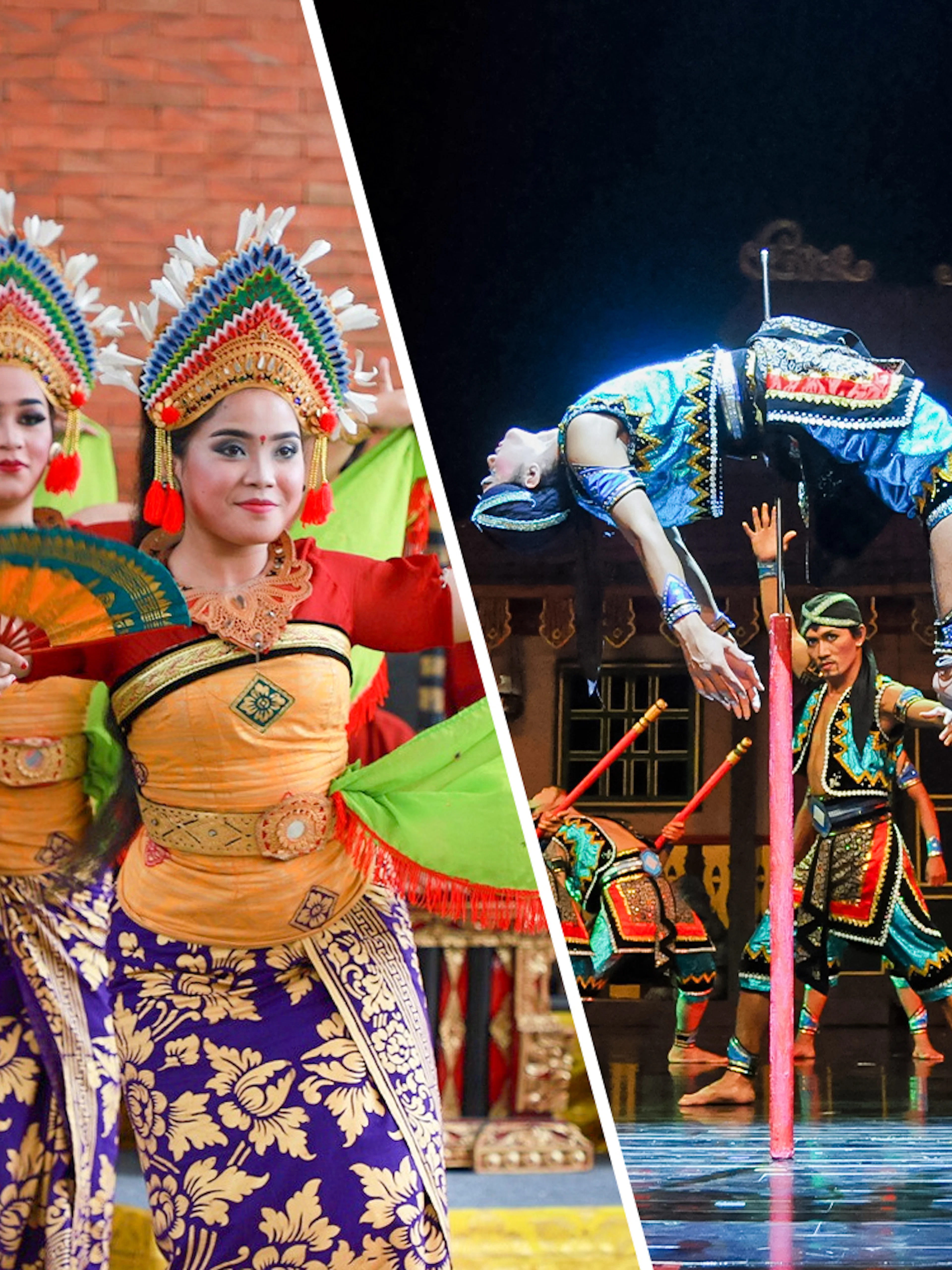 Traditional Balinese dancers and acrobatic performers at Garuda Wisnu Kencana Culture Park, Bali.
