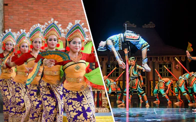Traditional Balinese dancers and acrobatic performers at Garuda Wisnu Kencana Culture Park, Bali.