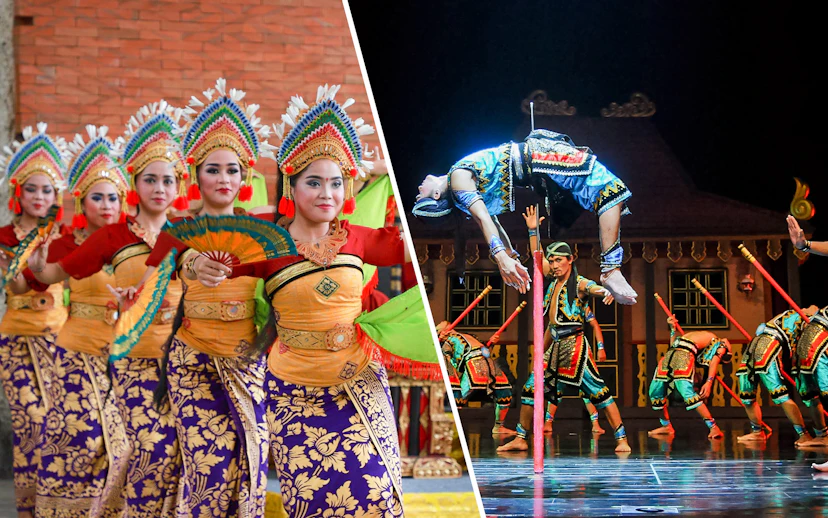 Traditional Balinese dancers and acrobatic performers at Garuda Wisnu Kencana Culture Park, Bali.