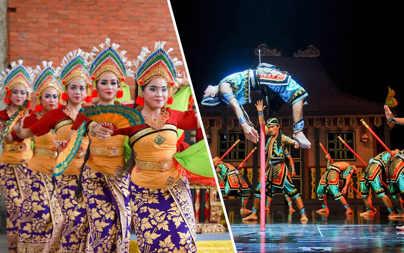 Traditional Balinese dancers and acrobatic performers at Garuda Wisnu Kencana Culture Park, Bali.