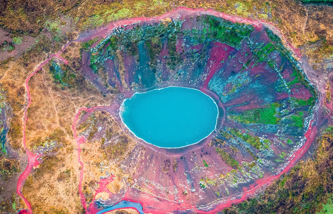 Kerid Crater with turquoise lake on Golden Circle Day Tour, Reykjavik, Iceland.