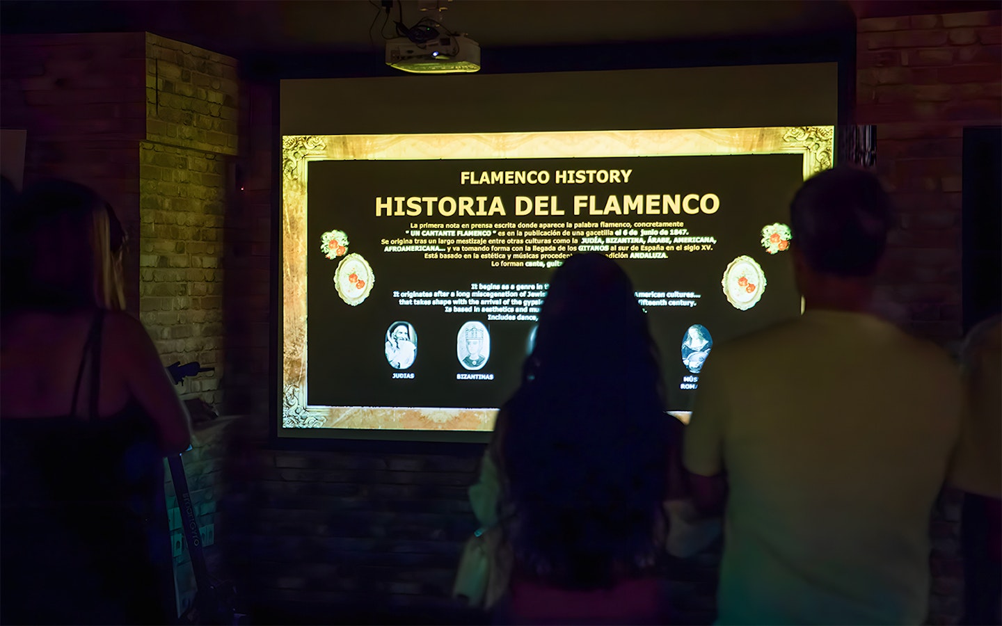 Visitors viewing a Flamenco history presentation in a dimly lit room.