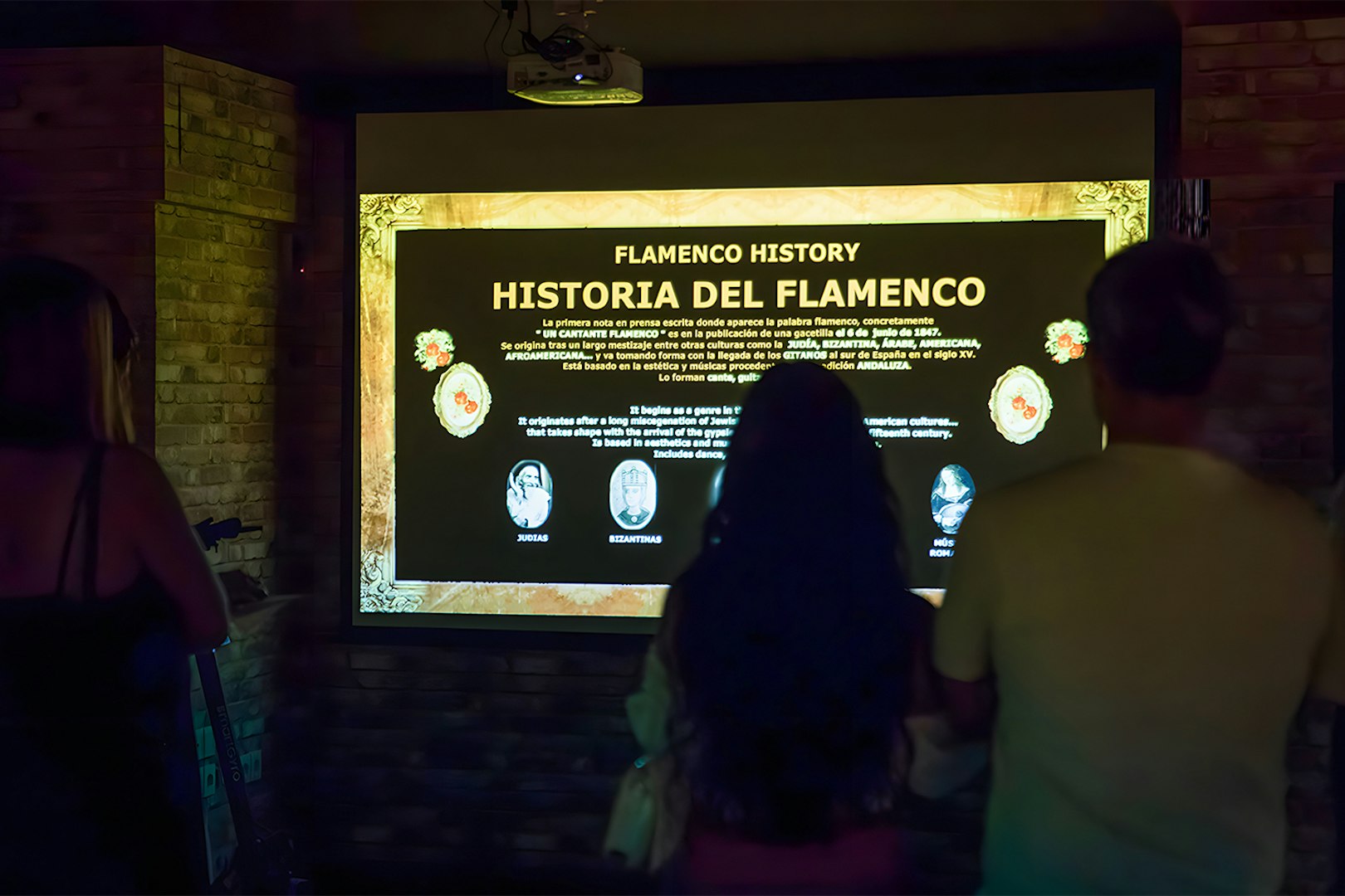 Visitors viewing a Flamenco history presentation in a dimly lit room.