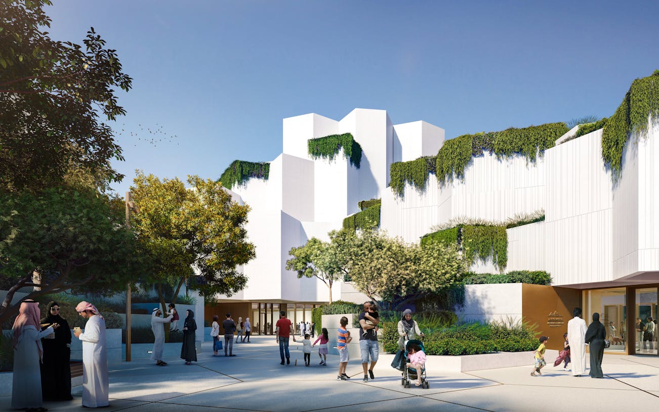 National History Museum Abu Dhabi exterior with visitors and greenery.