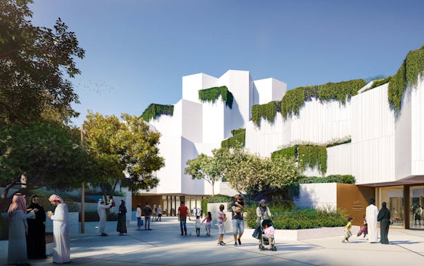 National History Museum Abu Dhabi exterior with visitors and greenery.