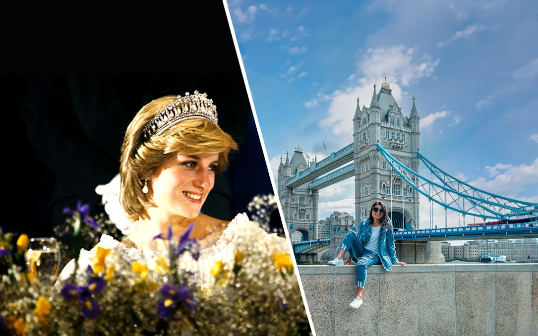 Princess Diana smiling at an event; woman sitting near Tower Bridge, London.