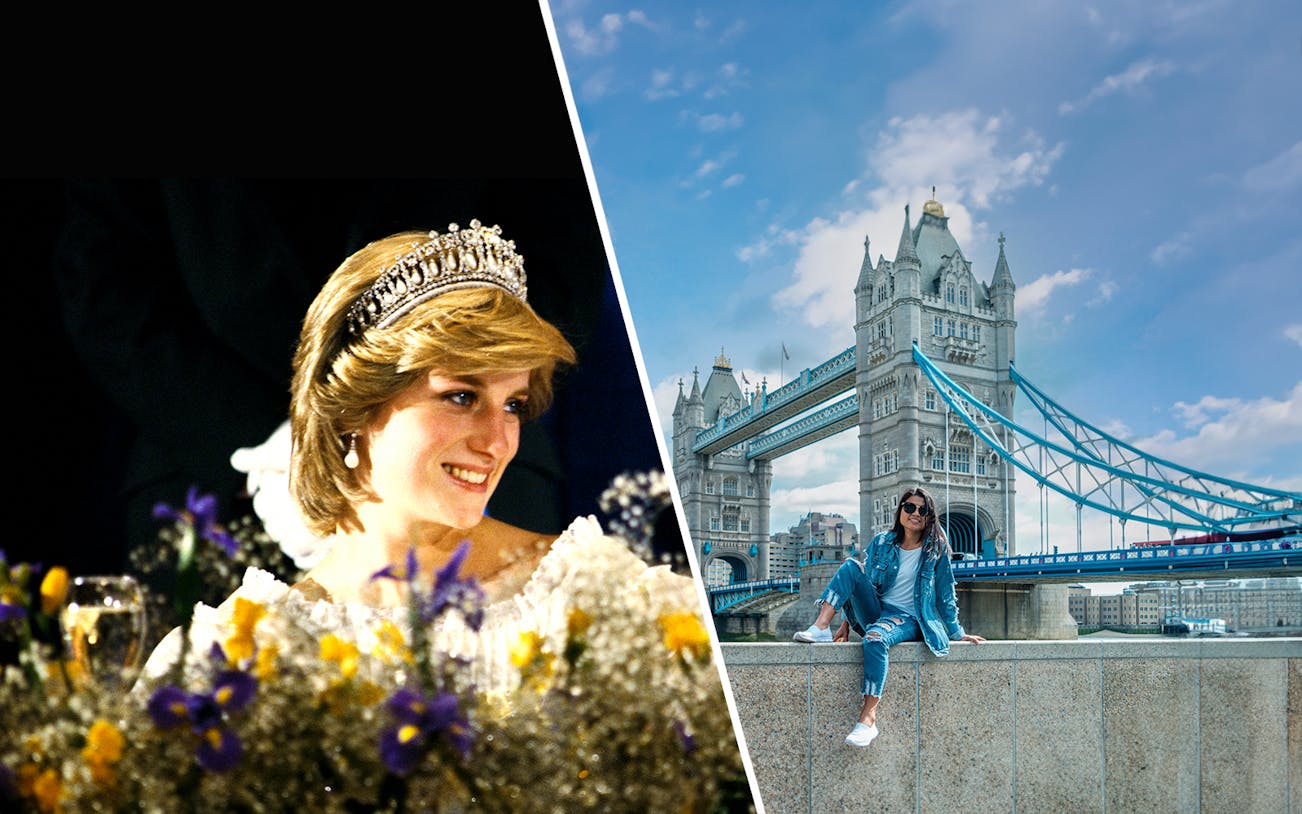 Princess Diana smiling at an event; woman sitting near Tower Bridge, London.