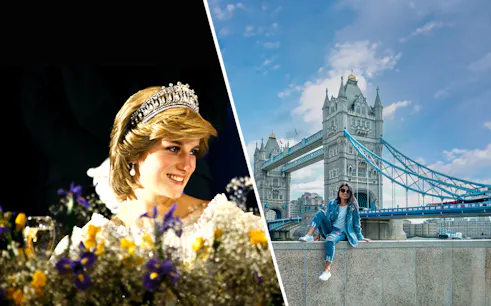 Princess Diana smiling at an event; woman sitting near Tower Bridge, London.