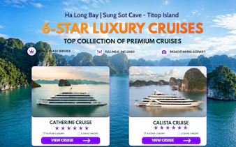 Luxury cruise ships in Ha Long Bay with limestone karsts, promoting 6-star tours including Sung Sot Cave.