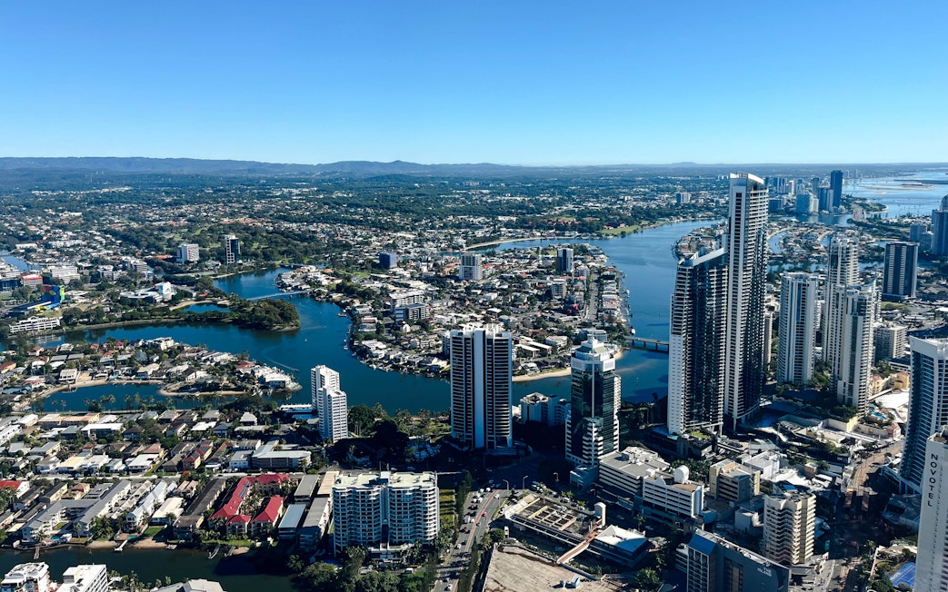 Aerial view of Gold Coast skyline and waterways from SkyPoint observation deck, Australia.