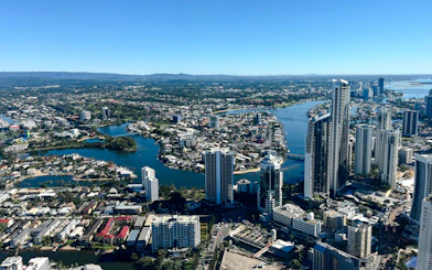 Aerial view of Gold Coast skyline and waterways from SkyPoint observation deck, Australia.