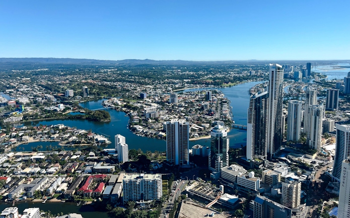 Aerial view of Gold Coast skyline and waterways from SkyPoint observation deck, Australia.