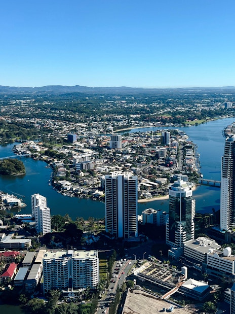 Aerial view of Gold Coast skyline and waterways from SkyPoint observation deck, Australia.