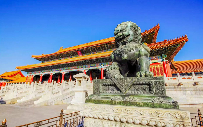 Bronze guardian lion statue at the Gate of Supreme Harmony, Forbidden City, Beijing, China.
