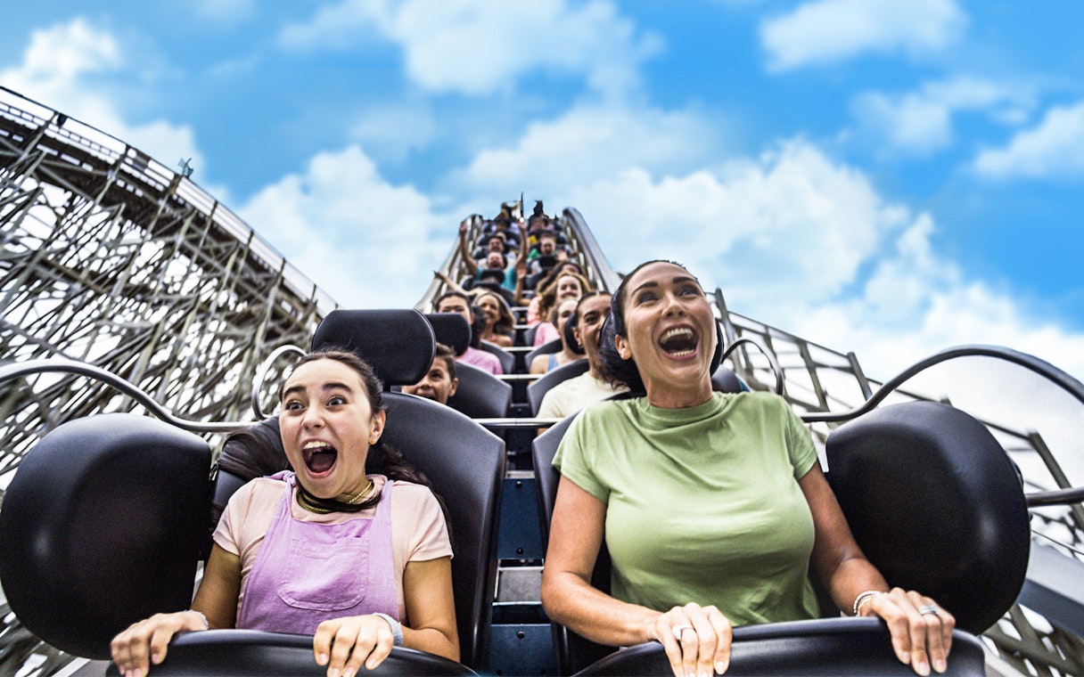Tourists thrilled on the Leviathan ride at Sea World.
