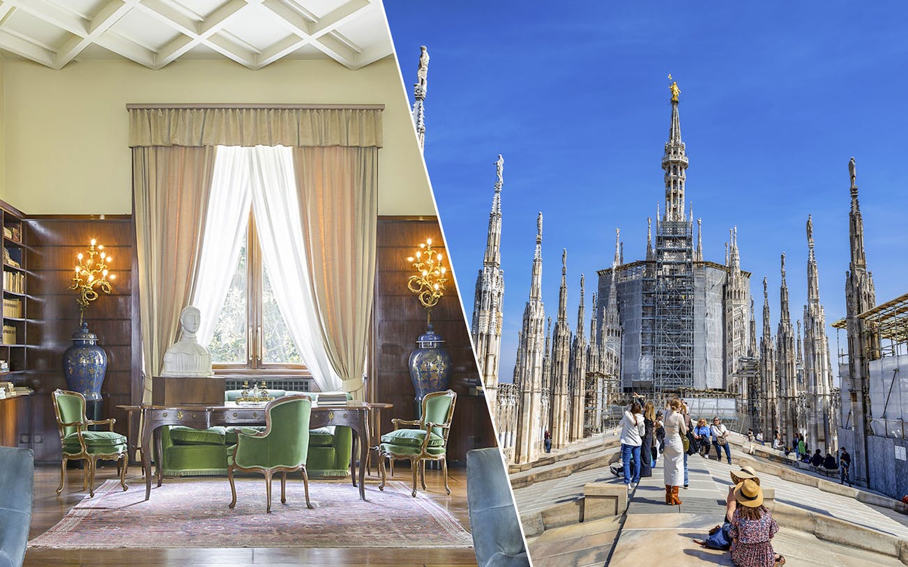 Villa Necchi Campiglio interior and Milan Duomo rooftop with visitors.
