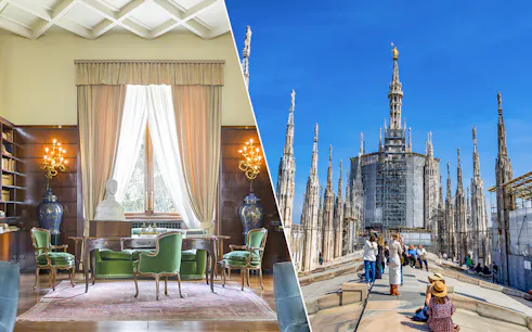 Villa Necchi Campiglio interior and Milan Duomo rooftop with visitors.