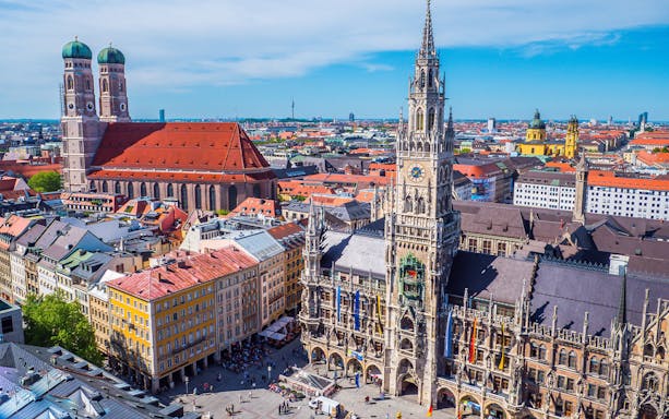 Aerial view of Munich's Marienplatz with the New Town Hall and Frauenkirche.