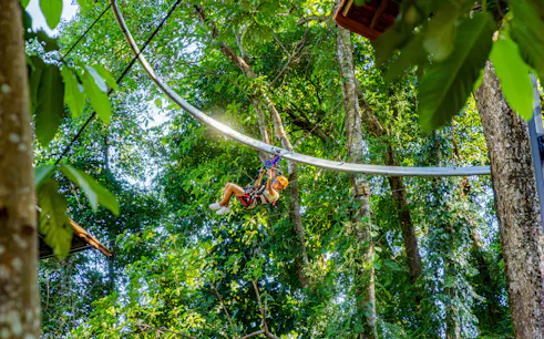 Person ziplining through lush forest on Sky Rock Roller Adventure, Khao Lak.