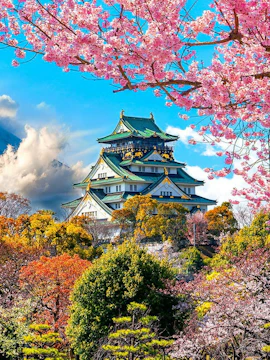 Osaka Castle surrounded by cherry blossoms with Mount Fuji in the background, Japan.